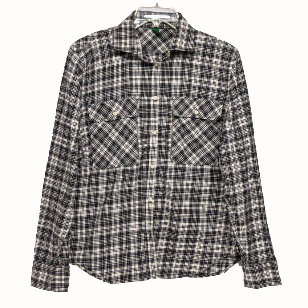 Women's Large LAUREN RALPH LAUREN Black White Plaid Cotton Long Sleeve Flannel